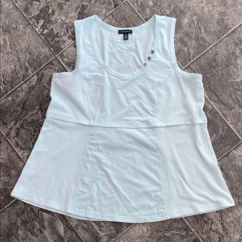 TRIBAL Light Soft Turquoise A-Line Ribbed TankTop w Button Accents Activewear